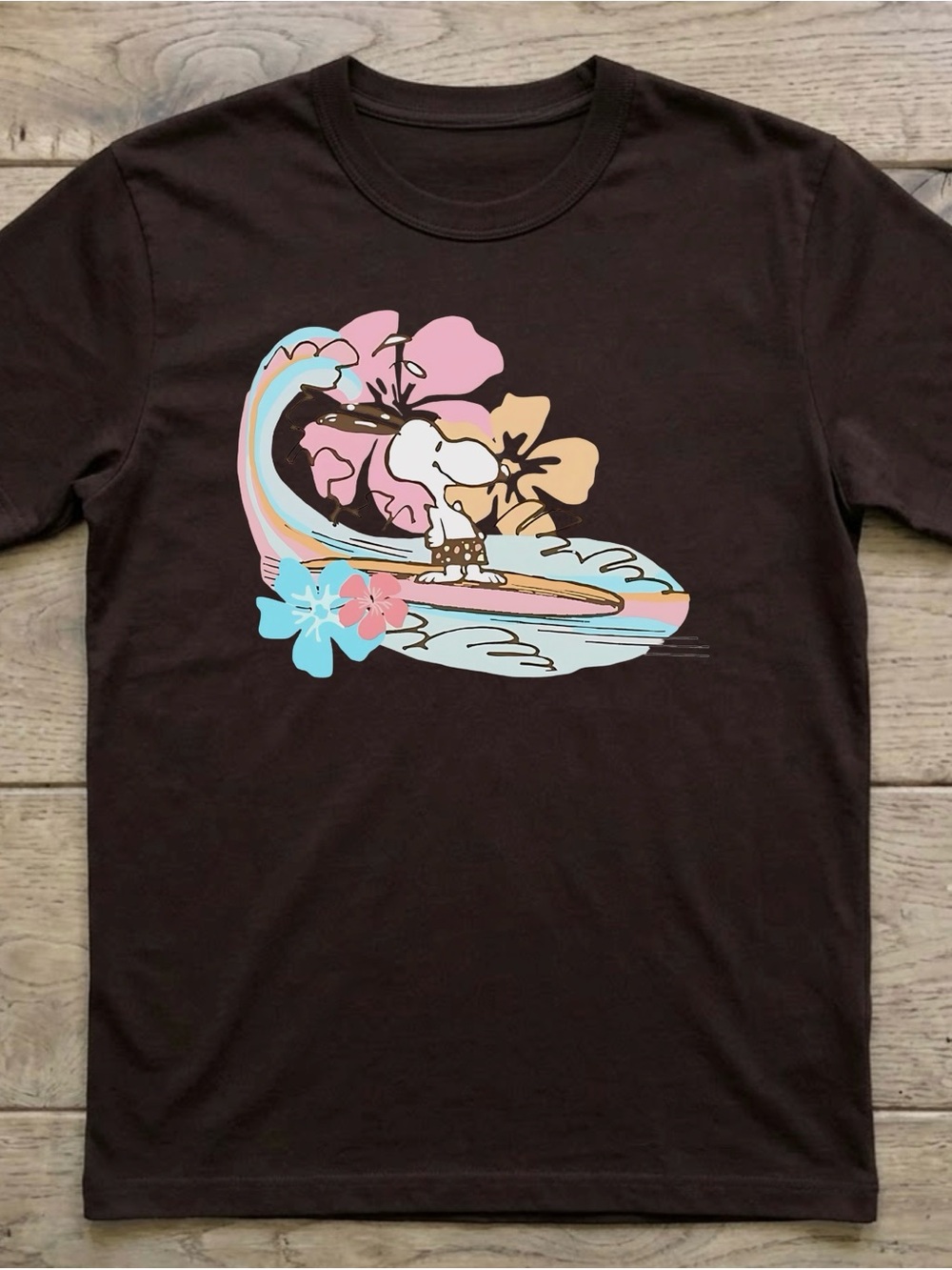 Surfing Snoopy — Brown with Pastel Flowers